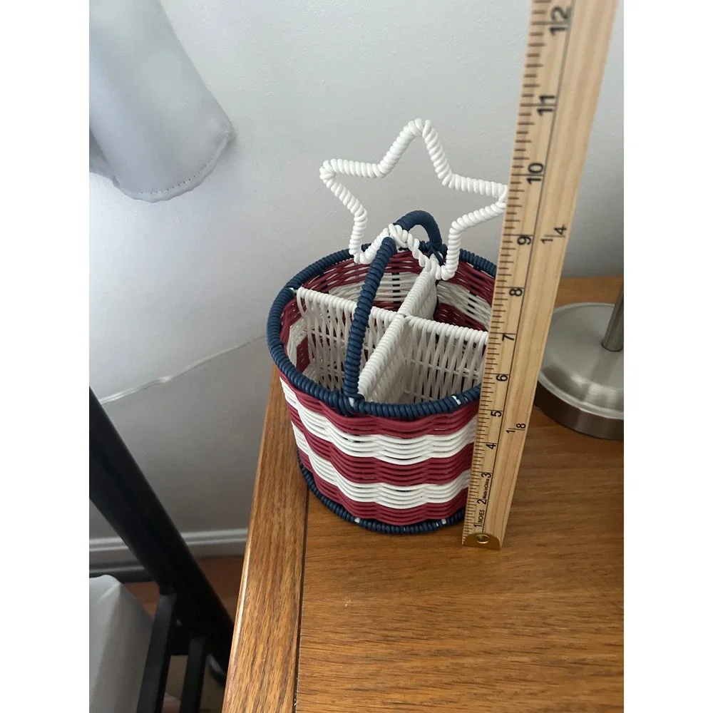 Patriotic Red White Blue Woven Utensil Caddy Star Handle 4 Compartment Basket